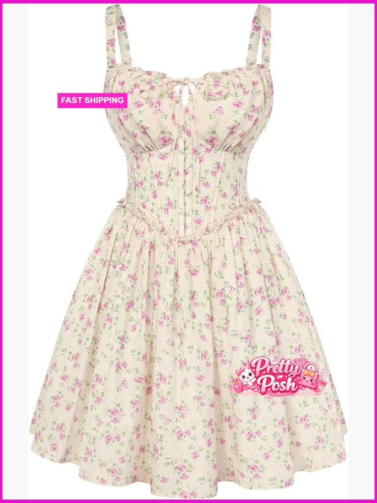 Floral Corset Dress With Pockets Lace Up Mini Sundress